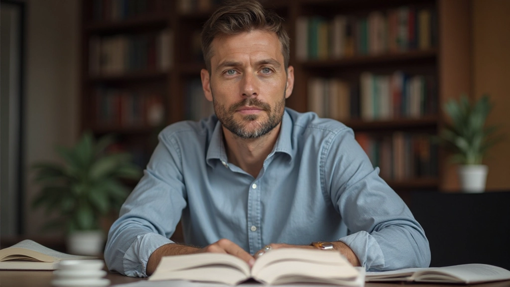 Student aan een bureau met open boeken, notities en een vertrouwde blik van begrip en concentratie