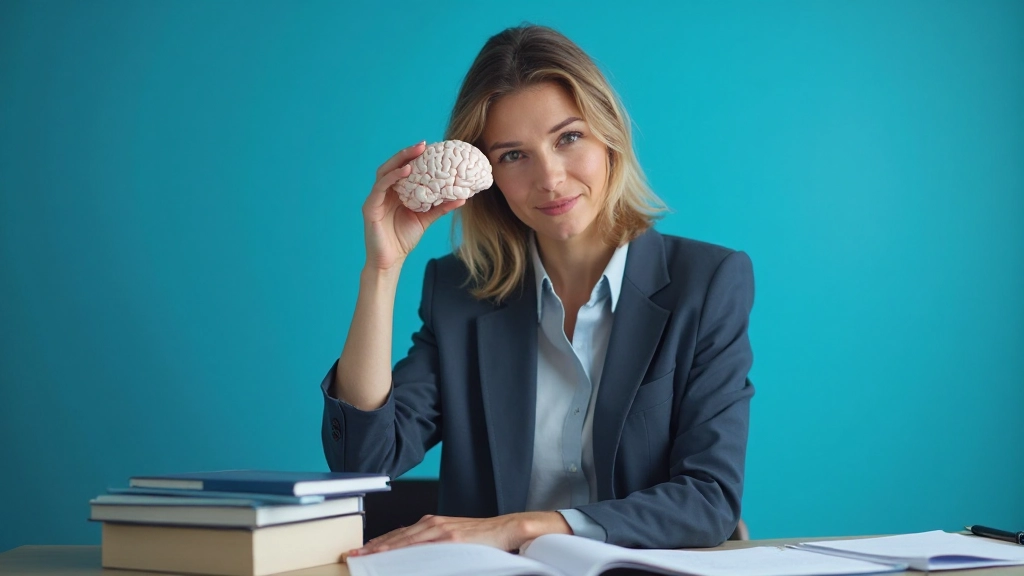 Vrouw met hersenen model en leermateriaal op helderblauwe achtergrond